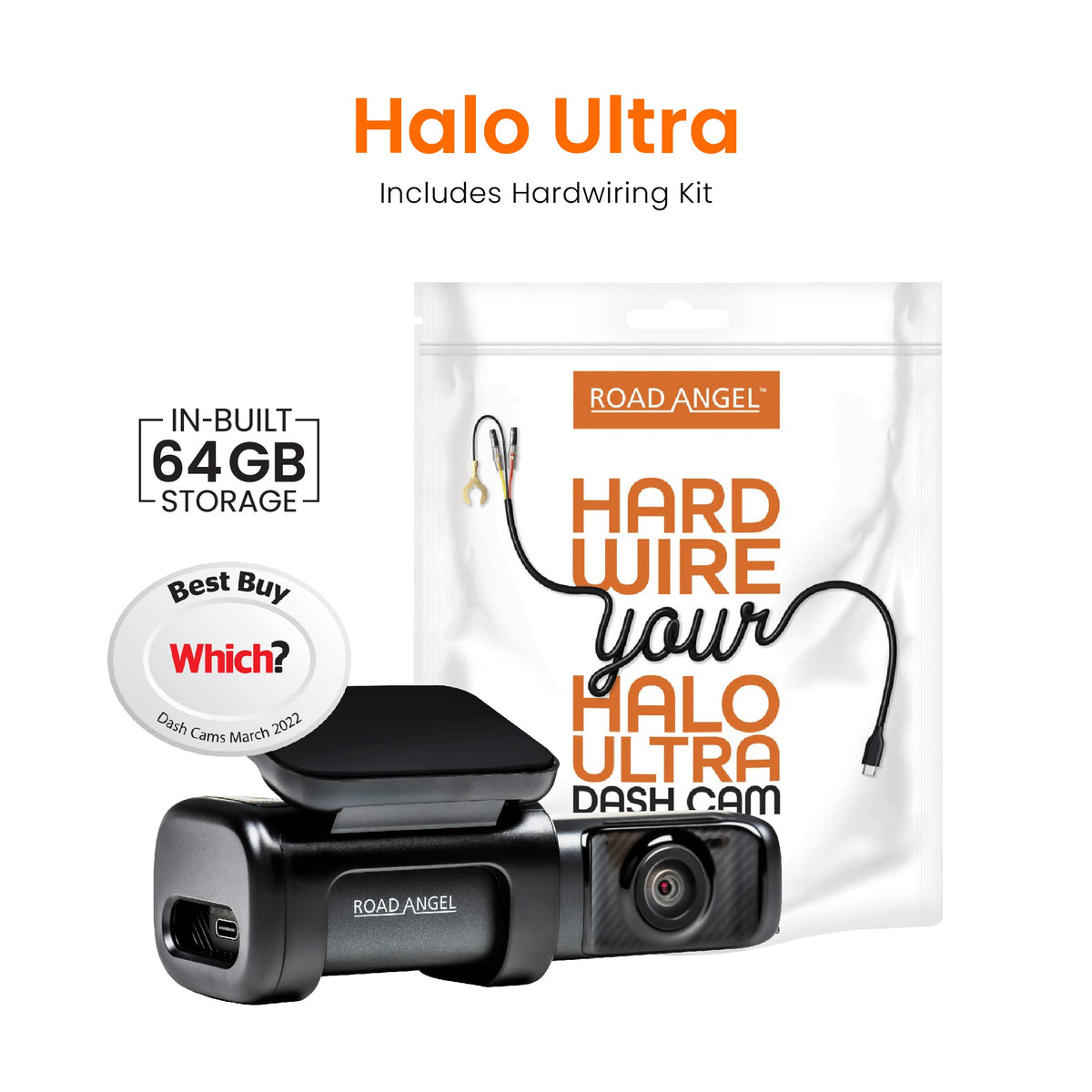 Road Angel Halo Ultra 4K Dashcam mit Hardwiring-Kit mit internem 64-GB-SSD-Speicherpaket
