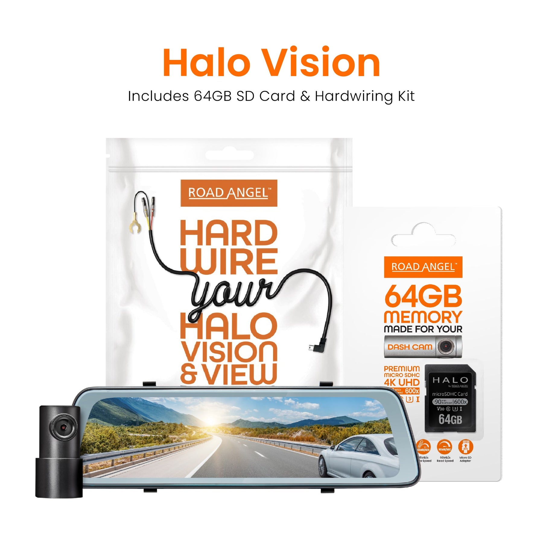 Road Angel Halo Vision 2 Rückspiegel und Dashcam mit SD-Karte und Kabelsatz im Paket