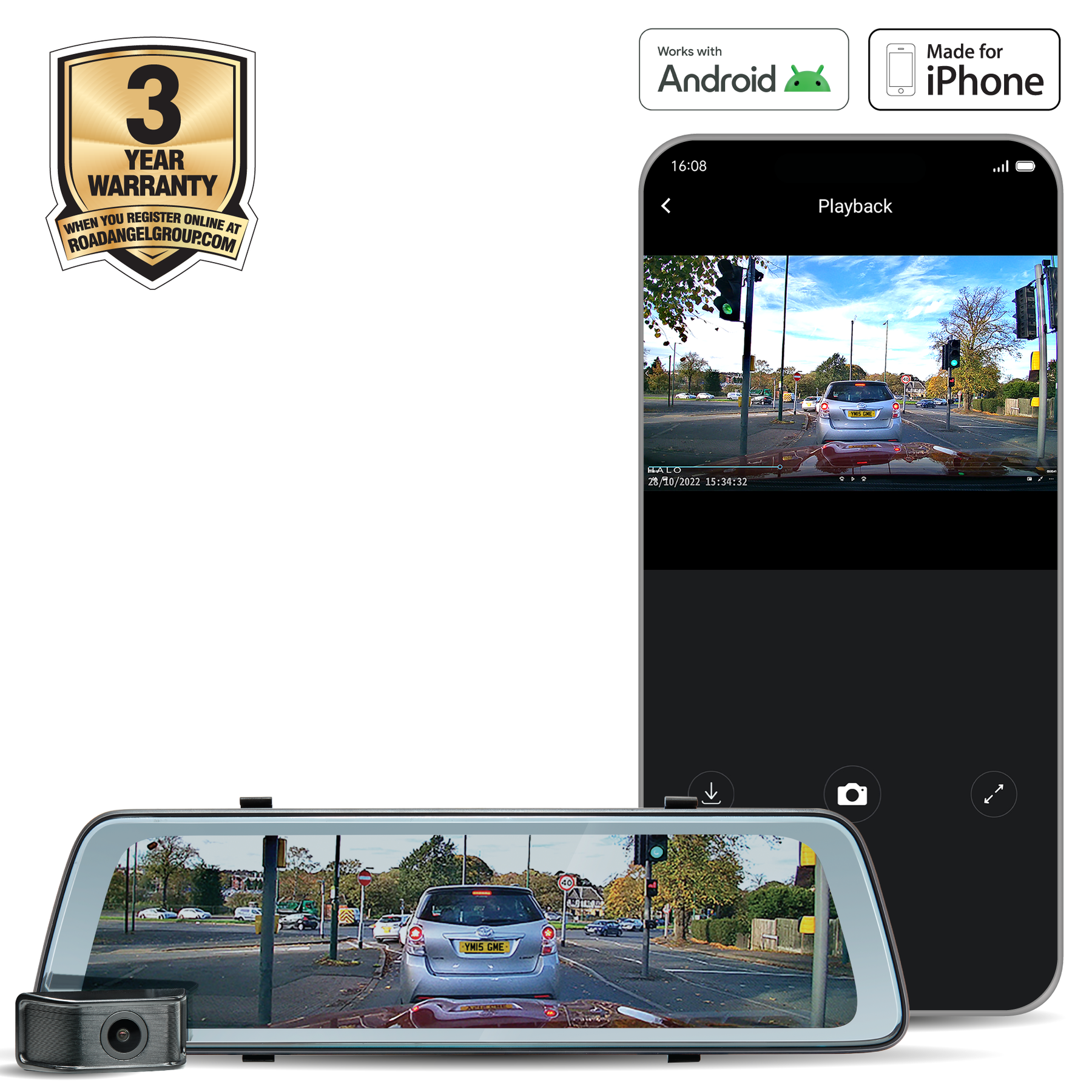 Road Angel Halo View 2 Rückspiegel und Dashcam mit 10-Zoll-Touchscreen und Dual-Parkmodus