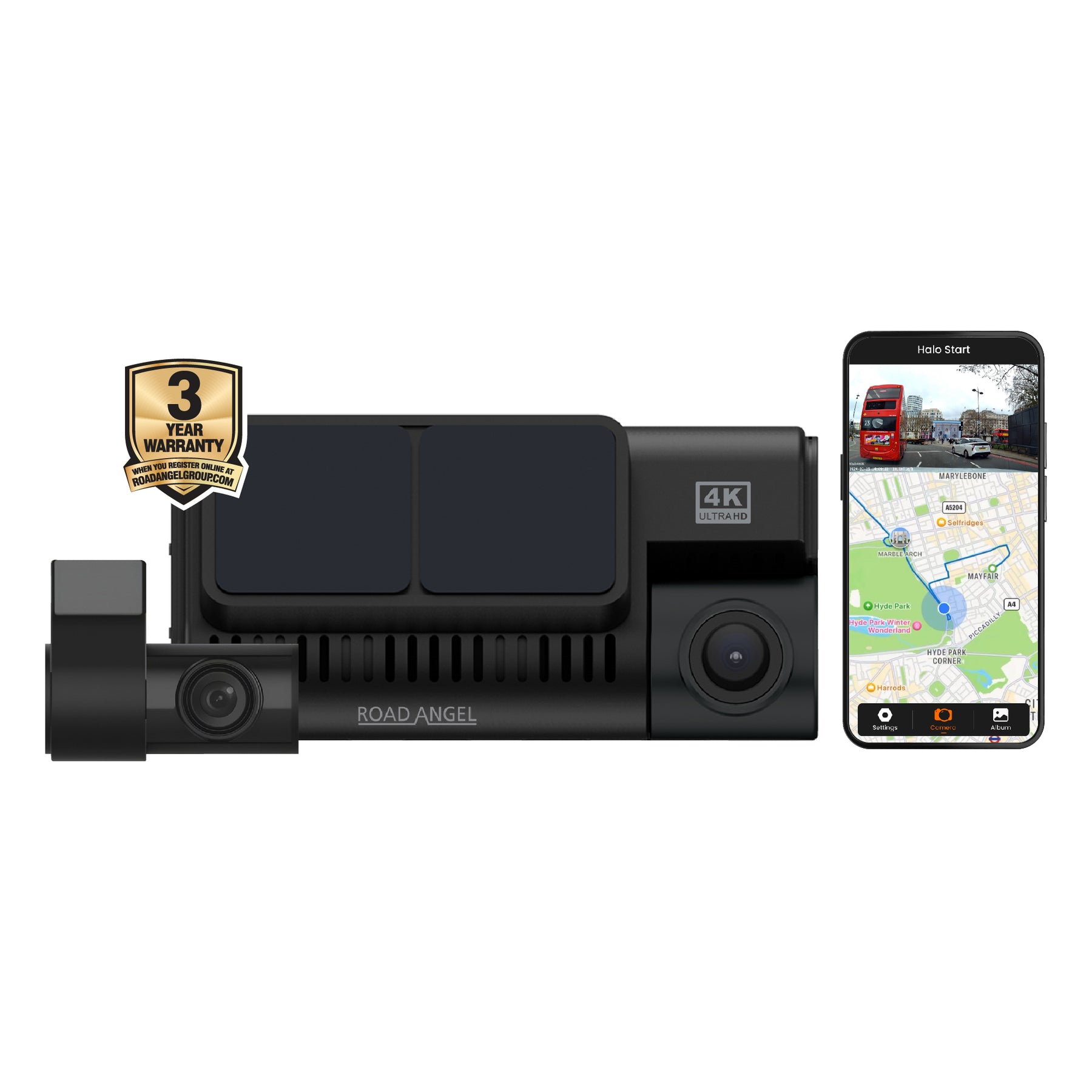Road Angel Halo Ultima 4K Dual Dash Cam with Parking Mode & Quick Release mounting