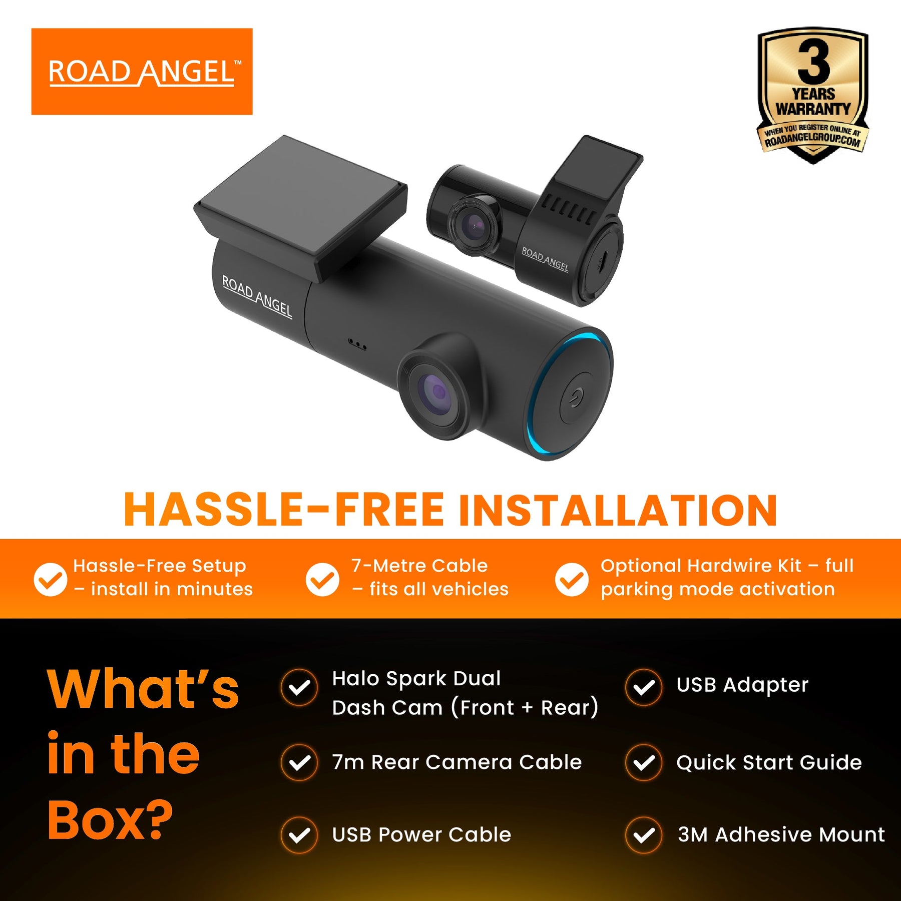 New - Halo Spark Dual Full HD 1080p Front & Rear Dash Camera With Dual Parking Mode & Winter Mode (USB-C) With 64GB SD Card & Hardwiring Kit Bundle